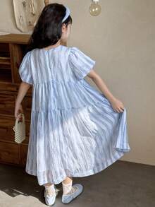DAZY 少女圆领短袖连衣裙 - 藍白色 - 查看 2