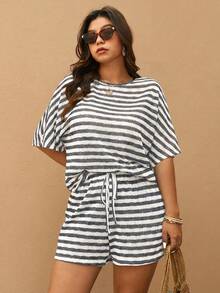 Elaquor Plus Size Casual Minimalist Knit Striped Loose Women 2-Piece Set, Women T-Shirt + Shorts, Suitable For Spring/Summer, Travel, Vacation, And Leisure Wear - Black and White - View 4