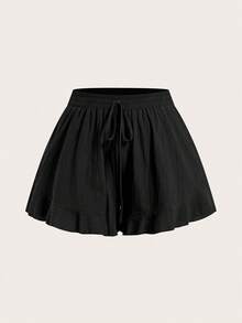 CosyJoli 2件装加大码女式夏季休闲度假日常通勤纯色条纹印花抽绳腰荷叶边宽松短裤 - 綠色 - 查看 7
