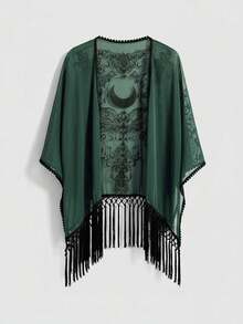 ROMWE EDITION Romantic Gothic Vintage Baroque Vine Moon Pattern Flocked Fabric Spring/Summer Bohemian Textured Asymmetrical Fringe Hem Women Cardigan Top Shawl - Green - View 4