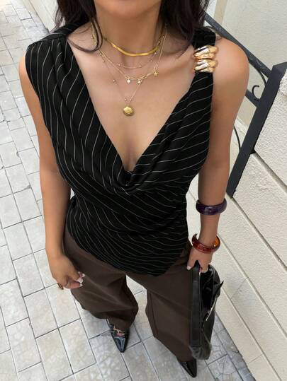 Siren Gaze Women's Asymmetric Collar Ruched Waist Striped Blouse, Elegant Office Lady Top With Metal Button Shoulder Decor, Fashionable, Commuting, Elegant, Sexy, Vacation, Beach, Hawaii, Draped Neckline, Striped Shirt, Outgoing Top