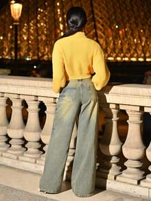 Mima John 可爱纯洁甜美学院风樱桃刺绣高领灯笼袖女式毛衣、长袖上衣 - 黃色 - 查看 2