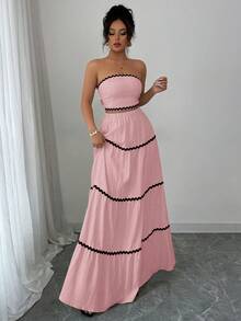 Rafferiza Bộ 2 món dành cho nữ, áo quây crop top và chân váy kiểu dáng thanh lịch với dây buộc ruy băng, thích hợp cho kỳ nghỉ. - Hồng - Xem 8