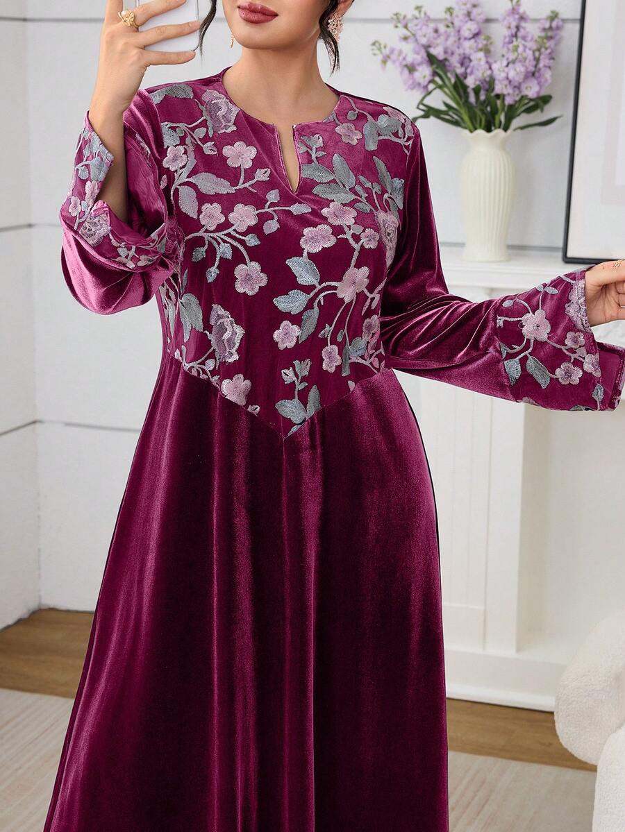 Al Najma Váy tay loe thêu hoa thêu nhung thanh lịch - Màu Đỏ Sâu - Xem 1