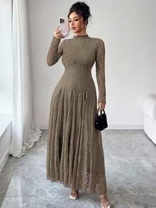 Modelyn Women's Lace Trim Mock Neck Waist Cinched Slim Fit Dress - Khaki - View 5