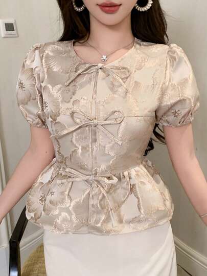 DAZY Spring/Summer Casual Elegant Bowknot Tie Waist Round Neck Women Blouse, Suitable For Dates, Weddings, Commuting