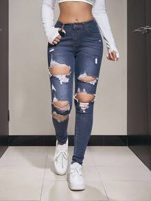 Flexra Women's Ripped Casual Grunge Denim Jeans Night Out Navy Blue And White Summer - Dark Wash - View 3