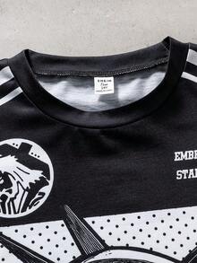 Coolqubz 2pcs/Set Teenage Boys Casual Vintage Graphic Print Fashion T-Shirt Set, Suitable For Daily Commute, Leisure And Streetwear - Black and White - View 6