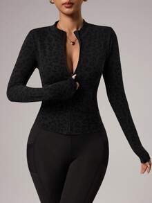 Seamluxe SHEIN Sport Women's Leopard Print Fitted Sports Jacket, Long Sleeve Zip-Up Sweatshirt For Yoga, Gym, Running, Outdoor & Casual Wear - Multicolor - View 5