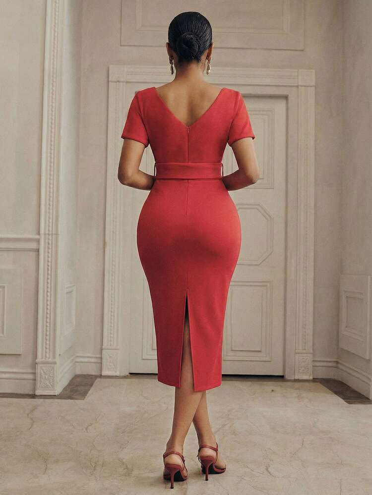 Women's Elegant V-Neck Batwing Sleeve Tie-Waist Bodycon Mini Dress, Suitable For Dates, Galas, Parties And More Occasions, Spring/Summer