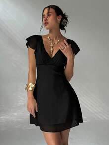 Aloruh Elegant Sexy Charming Ruffle Sleeve A-Line Deep V-Neck Backless Mini Dress For Women,Black Dress For Women - Black - View 7