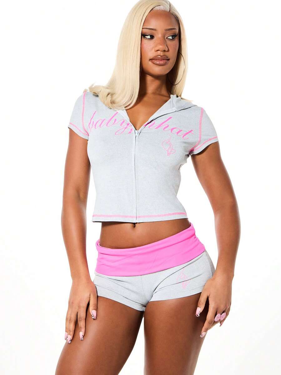 BABYPHAT Inspired Hooded Zip Up Crop Top With Short Sleeves And Pink Script Print - Light Grey - View 1
