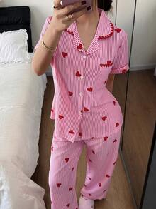 SHEIN Napfluff Sweet Heart Striped Short Sleeve Pajama Set - Pink - View 3