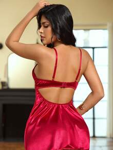 1pc Embroidered Patchwork Sexy Open Back Satin Women's Nightgown - Burgundy - View 2