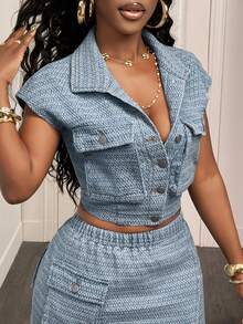 Slaydiva Women's Embossed Front Button Pocket Casual Short Sleeve Denim Blouse - Multicolor - View 6