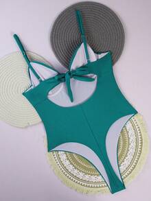 Swim Chiccia 女士纯色优雅连体泳衣，带钢圈支撑，时尚夏季度假泳装 - 水鴨藍 - 查看 4