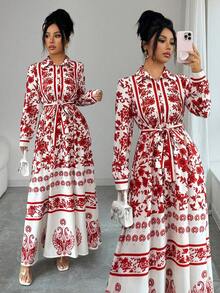 Elenzga 女士新款时尚优雅度假波西米亚风印花立领腰带A字长袖连衣裙，适合通勤、圣诞节、新年、街头风、法式浪漫、休闲、中东复古、下午茶、派对、感恩节、返校季、秋冬季等场合。 - 紅白色 - 查看 1