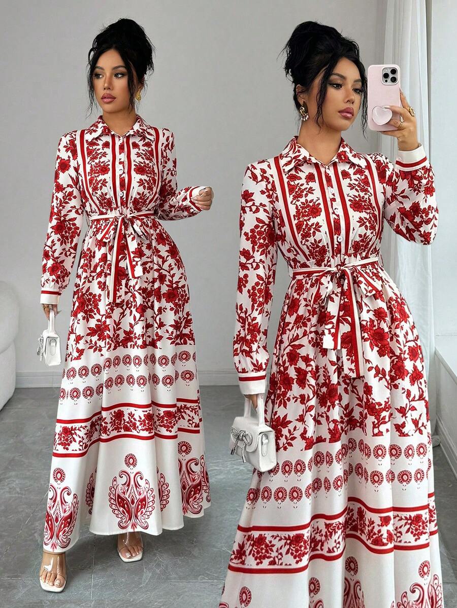 Elenzga 女士新款时尚优雅度假波西米亚风印花立领腰带A字长袖连衣裙，适合通勤、圣诞节、新年、街头风、法式浪漫、休闲、中东复古、下午茶、派对、感恩节、返校季、秋冬季等场合。 - 紅白色 - 查看 1