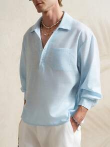 Airaco Casual Commuter V-Neck Button Long Sleeve Shirt With Raglan Sleeves - Blue - View 3