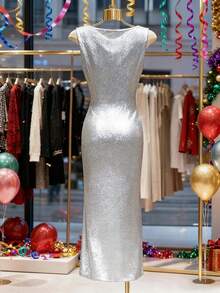 Franclia Women's Sleeveless Elegant Party Dress, Long Evening Gown For Autumn/Winter - Silver - View 2