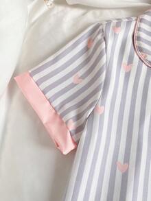 Bộ đồ 2 món cho bé gái, họa tiết trái tim kẻ sọc, gồm áo khoác cardigan tay ngắn có cổ và quần short rộng rãi thoải mái, thích hợp cho mùa hè. - Nhiều màu - Xem 8