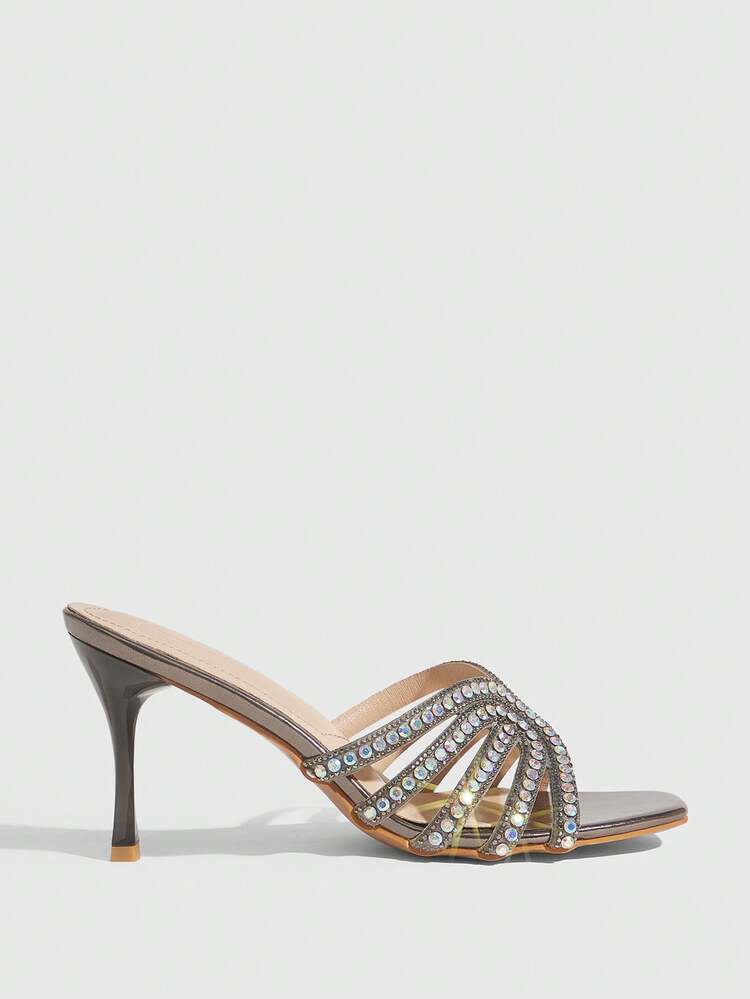 CUCCOO SZL Women's Fashion Square Toe Voltage Upper Rhinestone Decorative Stiletto Party Sandals Prom Heels