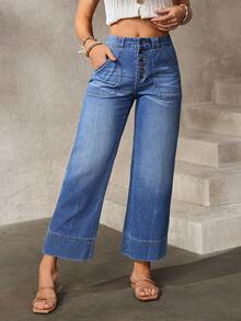 EMERY ROSE 女士撞色口袋休闲直筒牛仔裤 - 藍色 - 查看 8