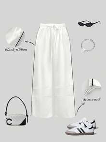 INAWLY Women's Summer Black And White Checkered Streetwear Date Wide Leg Pants,Elastic Waist Contrast Rib Trim Lantern Pants With Drawstring Hem,Pocket - White - View 1
