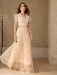 MOTF PREMIUM WOMEN'S V-NECK LONG SLEEVE PLEATED DRESS, SPRING/SUMMER - Apricot - View 3