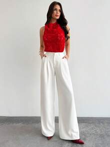 Firerie Áo kiểu dáng thanh lịch, năng động, cổ điển, hiện đại, không tay, cổ yếm, hở lưng, đính nơ, màu đen, phù hợp cho công sở, mùa xuân/hè. - Màu Đỏ Sâu - Xem 12