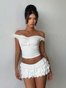 Aloruh 女士性感朋克摇滚波西米亚音乐节Y2K黑色蕾丝荷叶边超短裤，新款蕾丝超低腰短裤 - 白色 - 查看 5