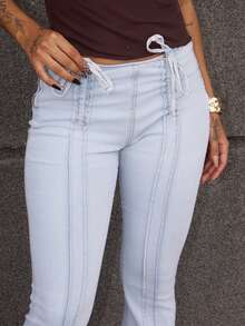 Women's Solid Color Drawstring Waist Jeans With Pockets And Flared Legs - Blue - View 3