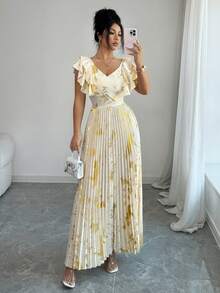 Elenzga Elegant Romantic V-Neck Ruffle Waist A-Line Dress For Women, Spring/Summer - Apricot - View 4