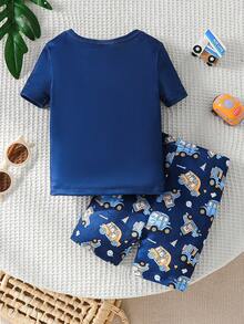 5件/套 随机发货 1套幼儿男童紧身睡衣，汽车字母印花，云朵装饰，休闲凉爽夏季短袖短裤睡衣套装 - 彩色 - 查看 2