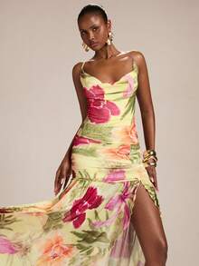 SHEIN BAE Women's Yellow Tropical Floral Draped Neck Backless Tie Dress, Floral Dress, Vacation Dress, Spring/Summer Resort Wear Hawaii Dress Luau Dress Tropical Dresses Vacation Garden Party Formal Dress Dinner Dresses For Vacation Floral Formal Dress Birthday Dress Sexy Summer - Yellow - View 5