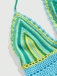 ROMWE Hippie 大码撞色条纹露背吊带针织上衣 - 彩色 - 查看 8