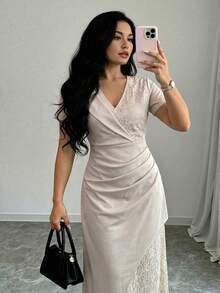 Modelyn Women's Elegant Contrast Lace Ruffle Summer Dress - Apricot - View 5