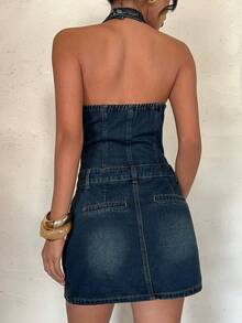 Aloruh Women's Casual Washed Button Half-Placket Halter Backless Denim Dress, Summer - Blue - View 2