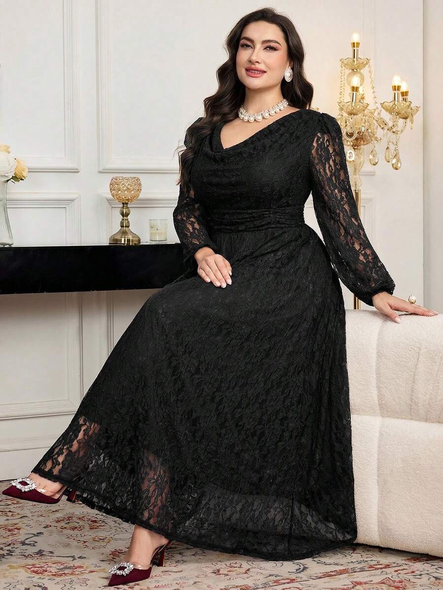 Modelyn Đầm ren thanh lịch cổ khoét sâu tay phồng dành cho phụ nữ cỡ lớn - màu đen - Xem 1