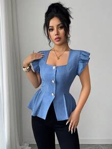 Elenzga New Stylish Linen French Casual Elegant Design Square Collar Waist Cinched Ruffle Hem Blouse, Versatile For Women In Summer - Dusty Blue - View 6