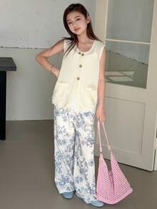 DAZY 少女休闲简约双口袋背心和印花长裤套装，夏季 - 杏色 - 查看 4