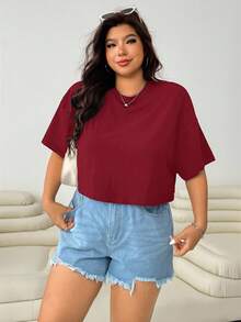 SHEIN EZwear 大码女式酒红色圆领短袖休闲百搭T恤 - 酒紅色 - 查看 3