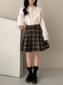 DAZY 少女格子印花百褶休闲百搭迷你裙 - 棕色 - 查看 4
