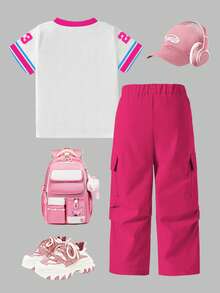 2pcs/Set Young Girls' Fashionable Numeric & Graphic Print White Tee + Magenta Cargo Pants, Casual & Comfortable, Matching Set - Multicolor - View 2