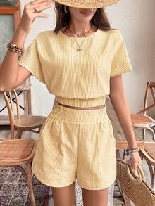 SHEIN Frenchy 女士条纹圆领短袖衬衫和短裤休闲两件套 - 黃色 - 查看 5