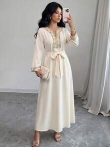 Rafferiza Women's Vintage Apricot Embroidered V-Neck Loose Long Sleeve Midi Dress, Patchwork Design, Suitable For Vacation, Daily Wear, Artistic Style, Party, Commute, Minimalist,Winter Clothes For Women,Summer,Spring,Valentine's Day ,Romance , Dating,Beach, Wedding,Birthday,Going Out,Elegant,Casual,Vacation,Graduation Season Attire Abayas Dubai Luxury Butterfly Abaya Abaya For Women Dubai Abaya Set - Apricot - View 3