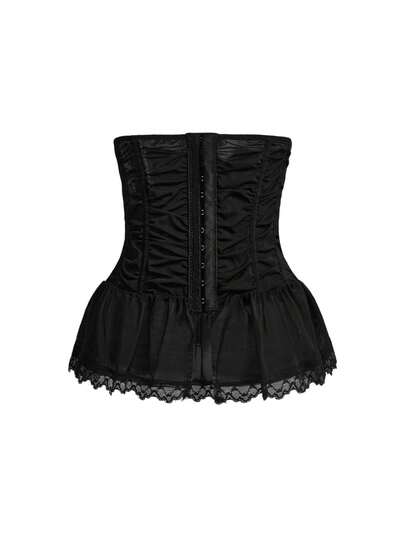 Black Ruched Waist Lace Patchwork Front Hook Closure Special Crafted Shaping Corset Top