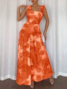 Elenzga Đầm không tay dáng chữ A, cổ vuông, eo thắt, họa tiết hoa ngẫu nhiên, viền bèo nhún, màu hồng và hồng cánh sen nhuộm tie-dye, thích hợp cho mùa xuân/hè. - trái cam - Xem 6