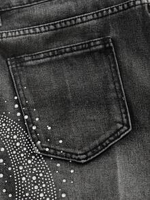 ROMWE MEN Street Life Men's Casual Washed Rhinestone Denim Shorts - Black - View 3