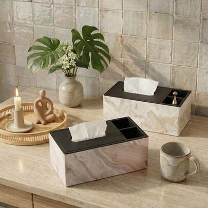 Cirelle Marble Pattern Tissue Box With Organizer Compartments – Modern Facial Tissue Dispenser, Multi-Purpose Desktop Storage For Home Office & Living Room, Minimalist Decor Accent